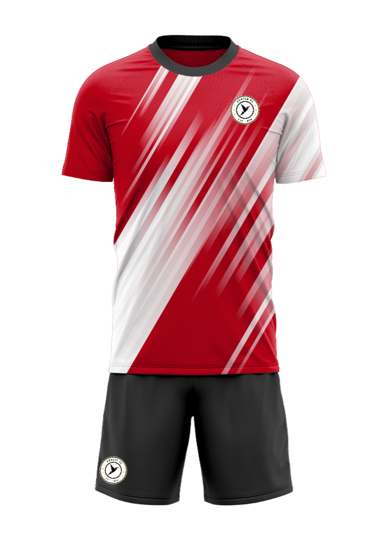 Custom Football Jersey featuring red and white diagonal designs with breathable fabric for team wear.